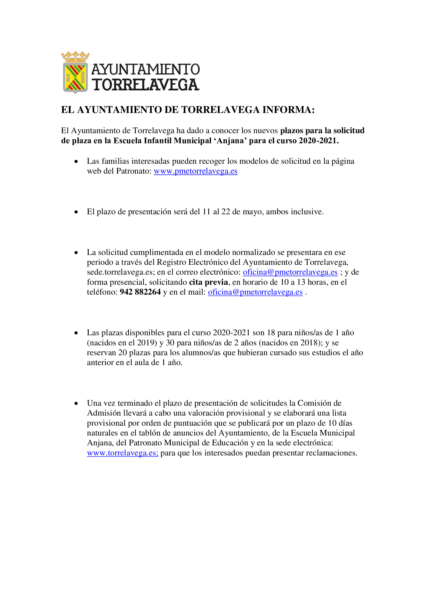 Línea Verde Ayuntamiento Torrelavega Del 11 al 22 de mayo se podrá solicitar  plaza en la Escuela Infantil Municipal 'Anjana'